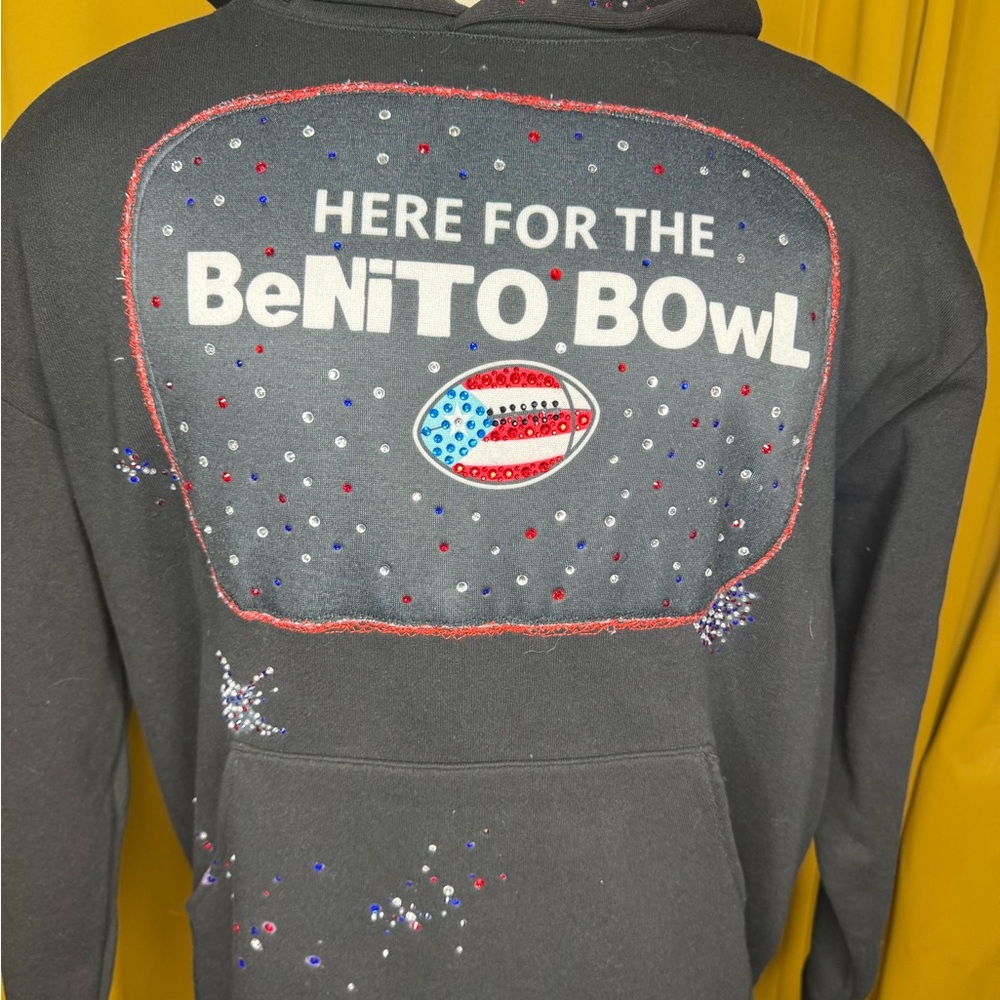 R2R Black Hoodie, Bad Bunny Custom One-of-a-Kind with Multi-Color Embellishments